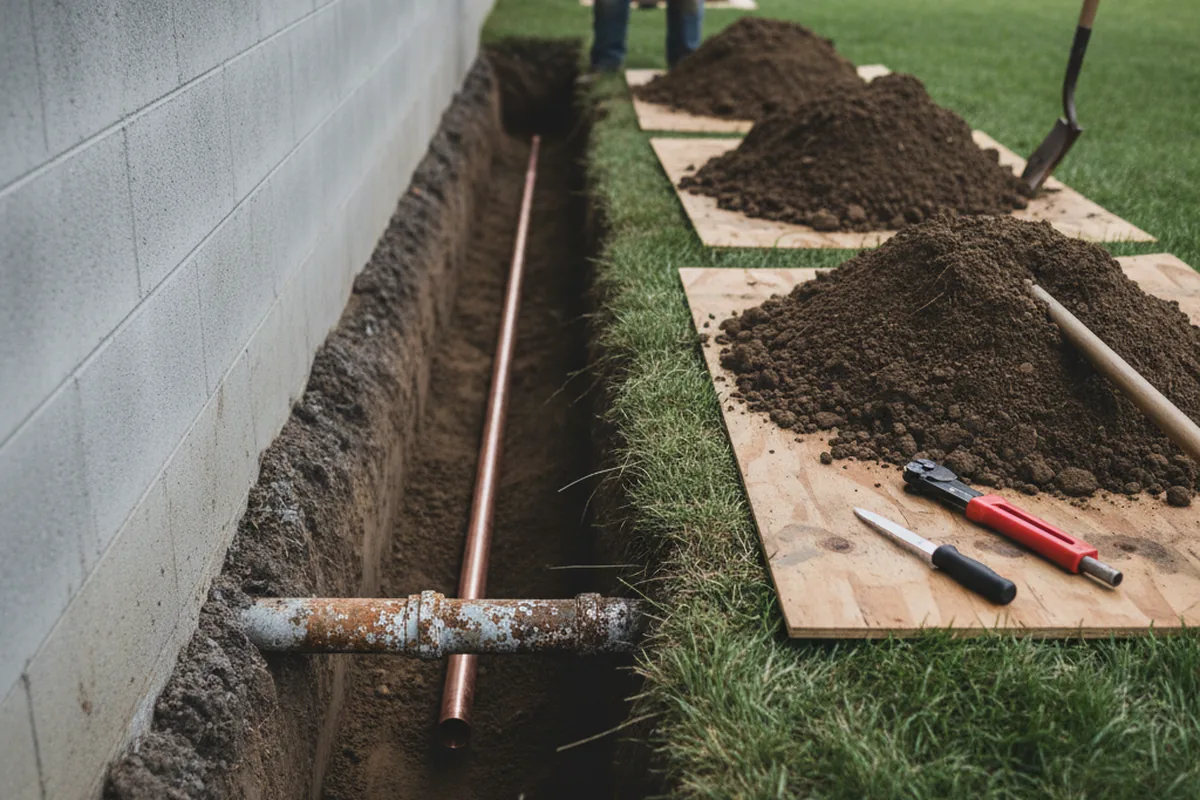 Excavated water line trench during Water Softener Installation in Glen Haven